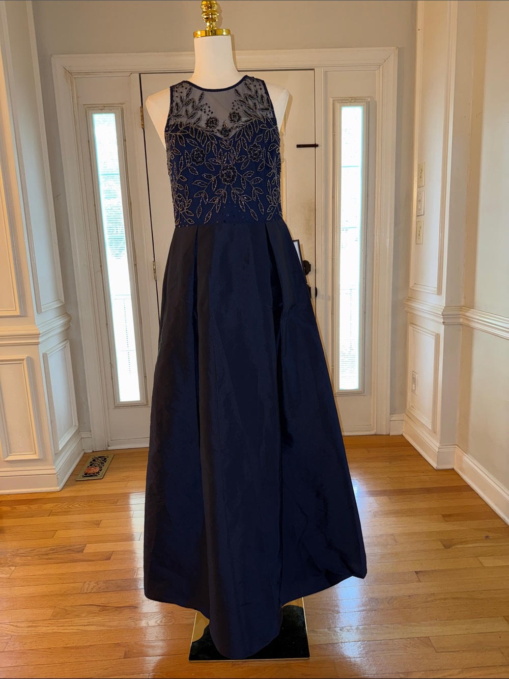 Papell Studios by Adrianna Papell Navy Beaded Illusion Bodice Formal Gown